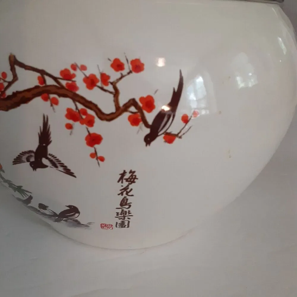 Vintage Plum Flower & Bird of Paradise Metal Cannister set Handpainted Enamel